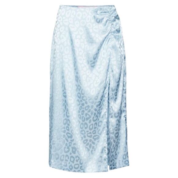 ASOS Something New Mia Leopard Print Side Slit Satin Skirt Blue Medium NWOT $59 - Picture 1 of 8